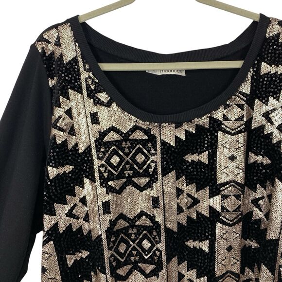 Maurices Aztec Sequin Sweater Women Size 2X Black Gold scoopneck Pullover - Picture 2 of 11